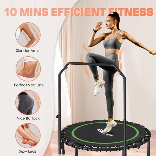 A high-conversion 1:1 square ad for a mini trampoline featuring a user mid-workout with call-outs highlighting specific body tone benefits.